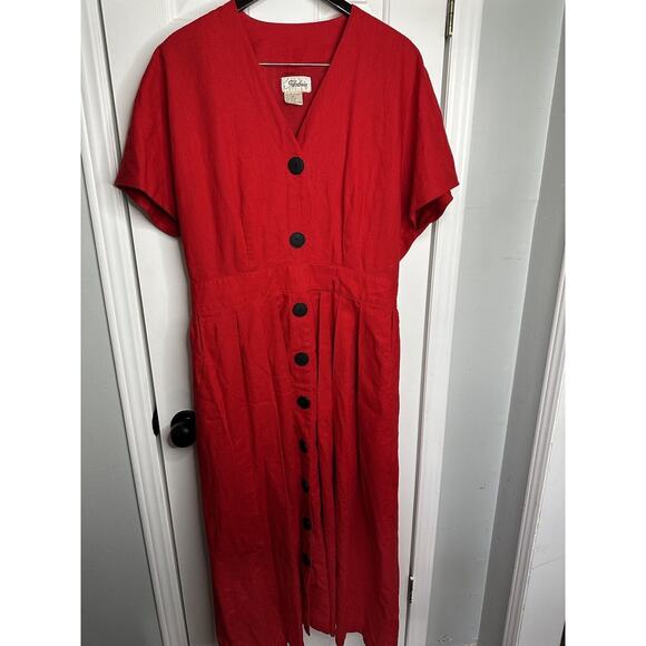 Vintage 80s Midi Long Red Pleated Skirt Linen Dress Secretary 14 16 Rockabilly - Picture 4 of 12